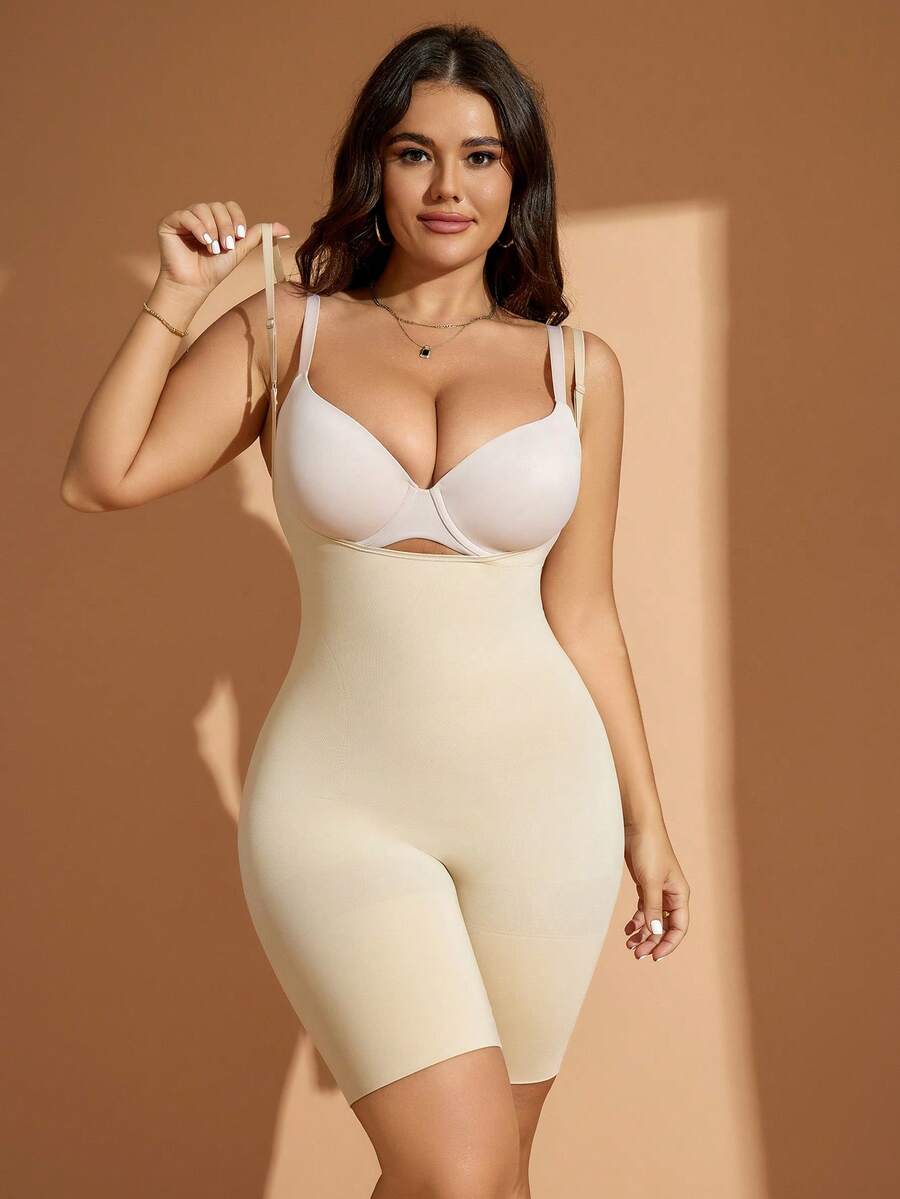 Front Open Tummy Control Butt Lifting Skinny Jumpsuit Summer Elegant - Apricot - View 1
