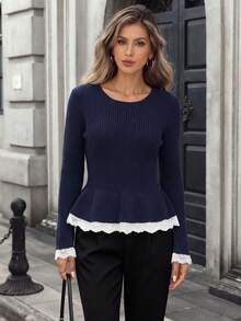 Women's Ribbed Knit Ruffle Hem Sweater, Contrast Lace Trim, Autumn/Winter Long Sleeve Flared Hem Pullover - Royal Blue - View 4