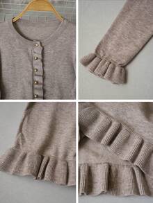 French Gentle Style Ruffle Trim Knitted Cardigan For Women, Early Autumn Short Cropped Gold Button Waist-Cinching Slimming Sweater Jacket, Versatile For Daily Commute And Date - Khaki - View 8