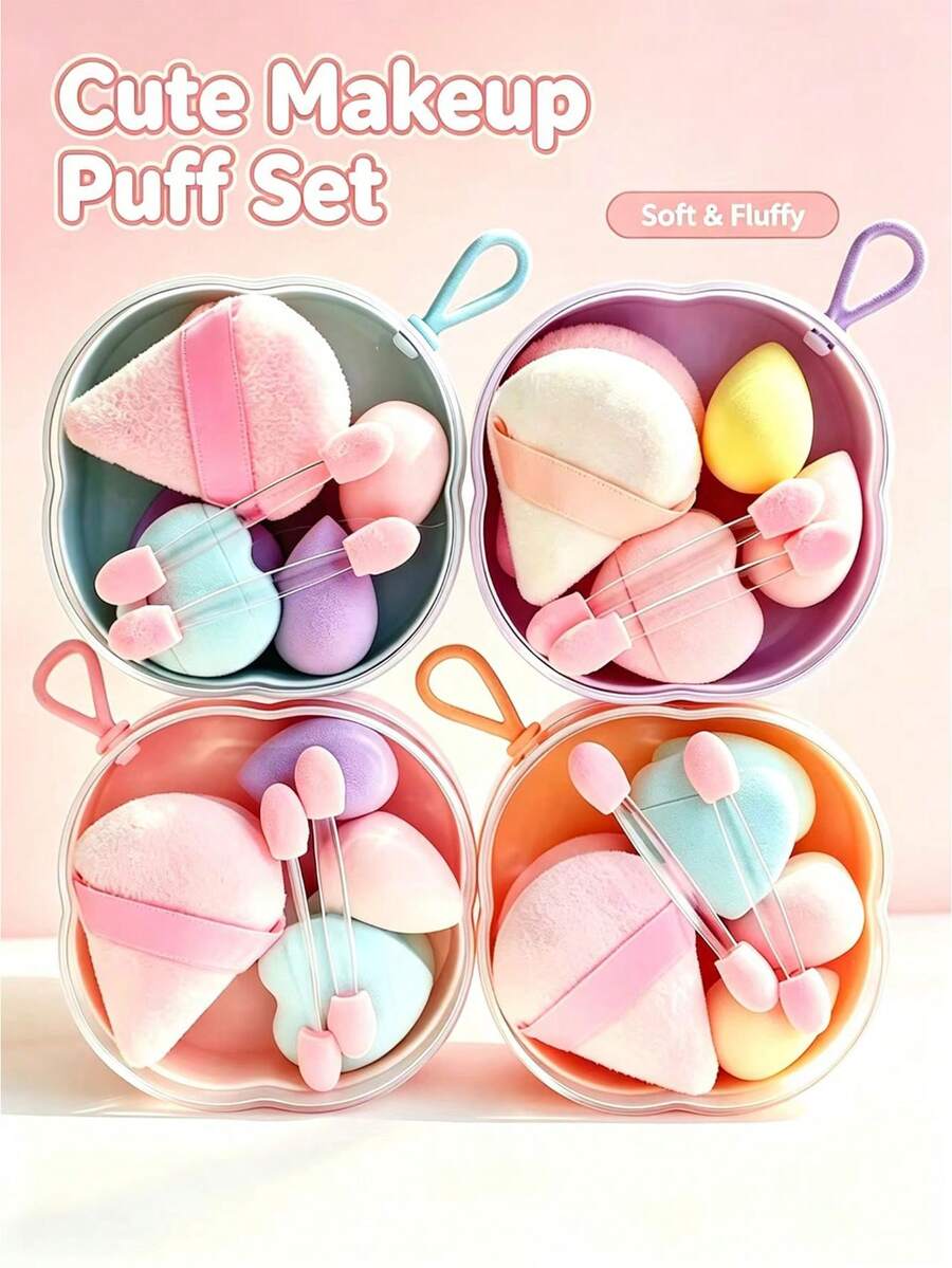 A Set Of Cute Multi-Shaped Makeup Sponge Beauty Products | Soft Plush Texture | With Storage Box | Portable For Travel - Multicolor - View 1