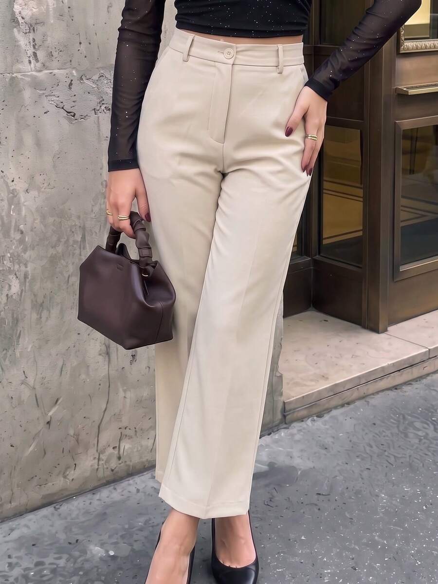 Women's Solid Color High Waist Straight Leg Pants, Casual Fashion, Suitable For Outings, Commuting, Riding (Belt Not Included) - Apricot - View 1