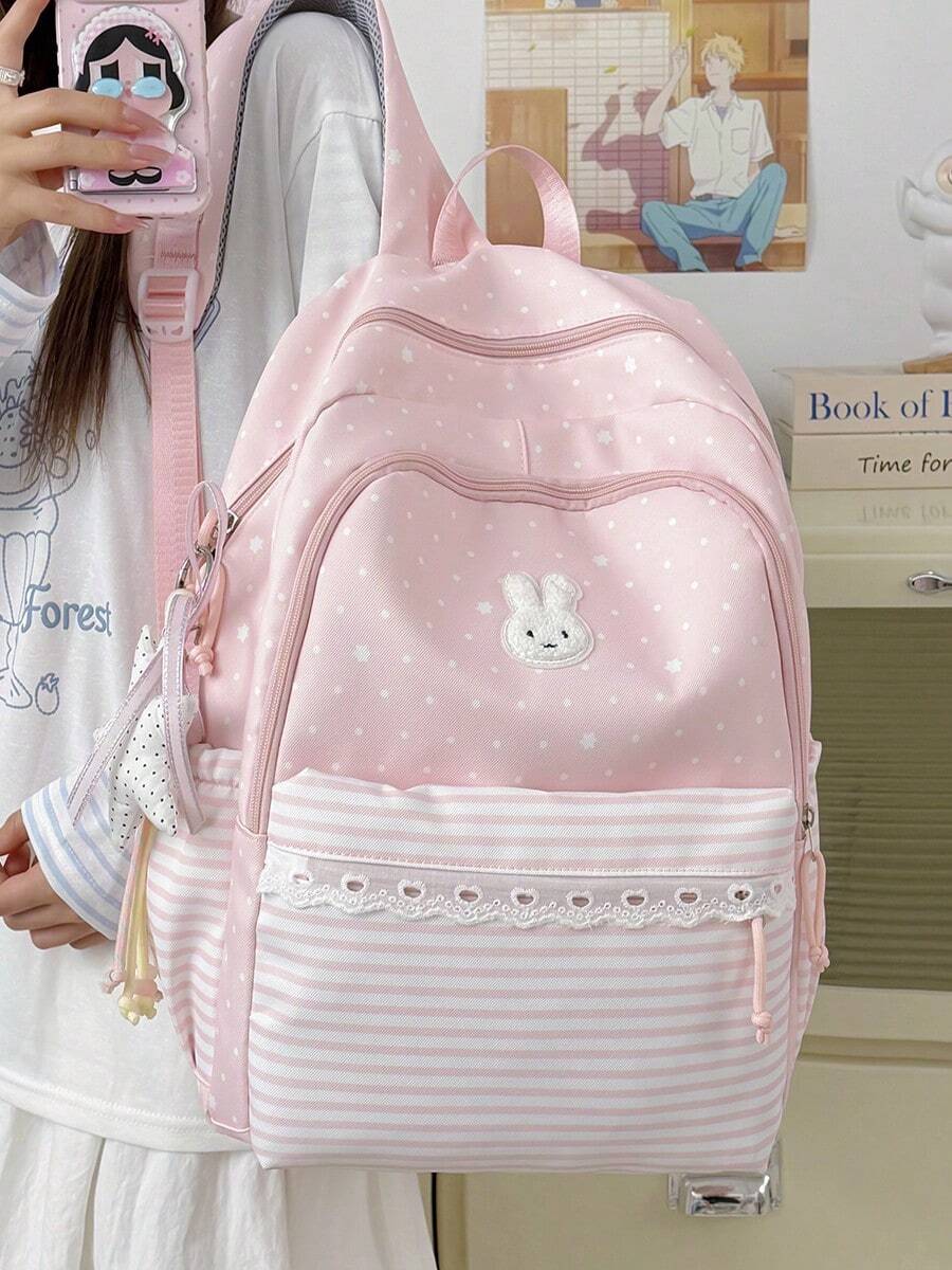 Sweet Polka Dot Stripe Lace Backpack, Cute Girl Large Capacity Student School Bag, Multi-Compartment Backpack For Elementary, Middle And High School Students, Children Daily Commute, Travel, Shopping, Campus Casual Backpack, Girls Rabbit Embroidery Star Pendant, Academy Style Multiple Colors Available