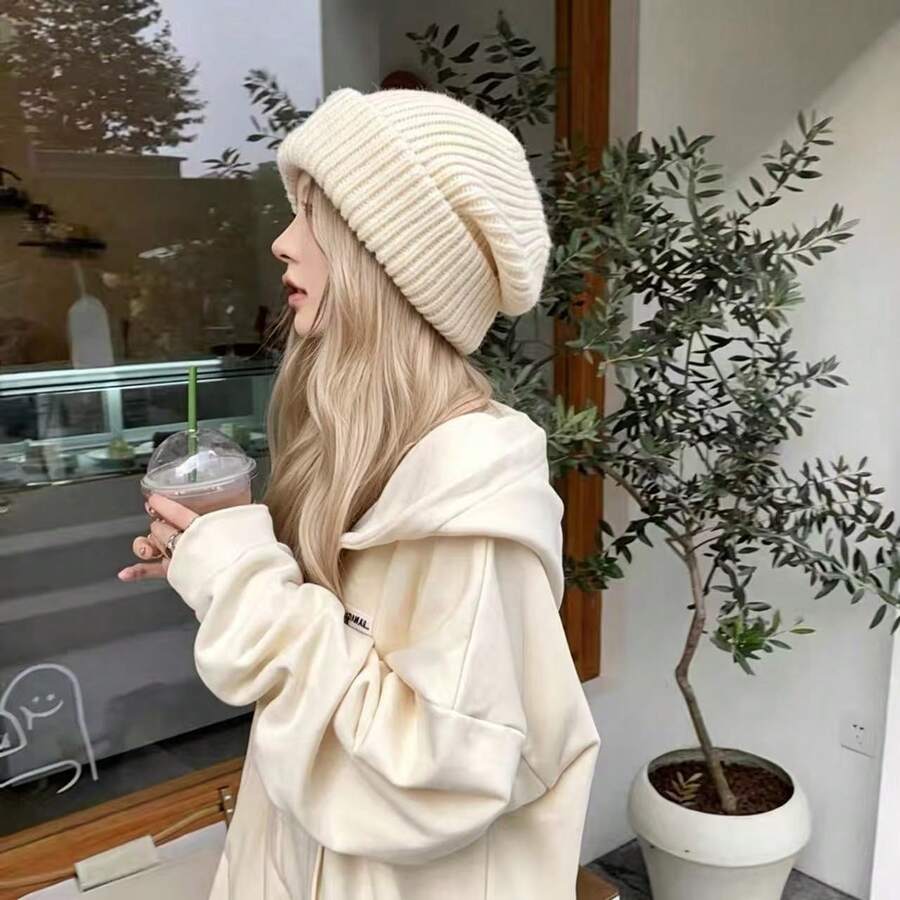 1pc Women's Korean Style Solid Color Loose Knit Beanie Hat, Warm & Windproof, Versatile Daily Wear For Autumn/Winter