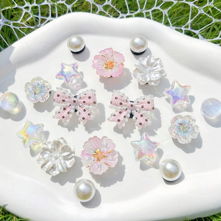 18pcs Pink Small Flower Accessories, Bowknot DIY Shoe Decor, Suitable For Perforated Sandals, Elegant And Fashionable, Gift For Girlfriend - Pink - View 1