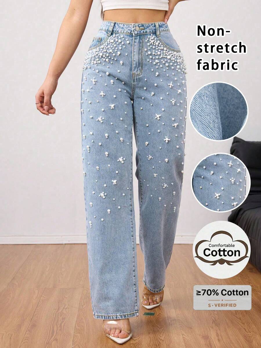 Calça Denim Reta Lavada com Decoração de Pérolas Elegante - Calça Denim Feminina de Moda de Luxo - Roupa Casual de Primavera e Outono - Lavagem clara - Visão 1