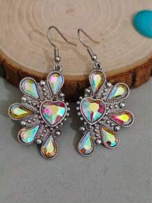 Women's Bohemian Style Water Drop & Heart Rhinestone Petal Dangle Earrings, Suitable For Daily Wear, Commuting, Dating, Parties - Petal - View 9