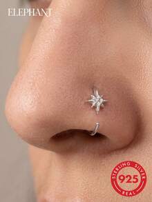 1pc S925 Sterling Silver Mini Diamond Eight-Pointed Star Nose Hook, Pure Silver Nose Jewelry, Minimalist Versatile, Unisex Nose Piercing Accessory, Nose And Ear Universal Piercing Jewelry, Style, Suitable For Men And Women - Multicolor - View 4