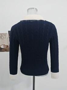 Korean Style Soft Sexy Aesthetic Patchwork Faux Fur Collar Cable Knit Contrast Color Sweater Women Autumn Winter Inner Layer Base Layer Slim Fit Elegant Top - Navy Blue - View 7