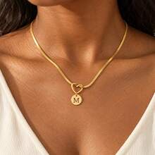 Initial Charm Snake Chain Gold Plated Letter Necklace For Women Men With Heart Knot Disc - Yellow Gold - View 1