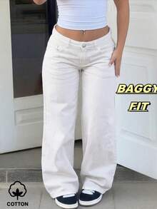 Teen Girls Apricot Solid Color Fashion Straight Leg Jeans - White - View 3