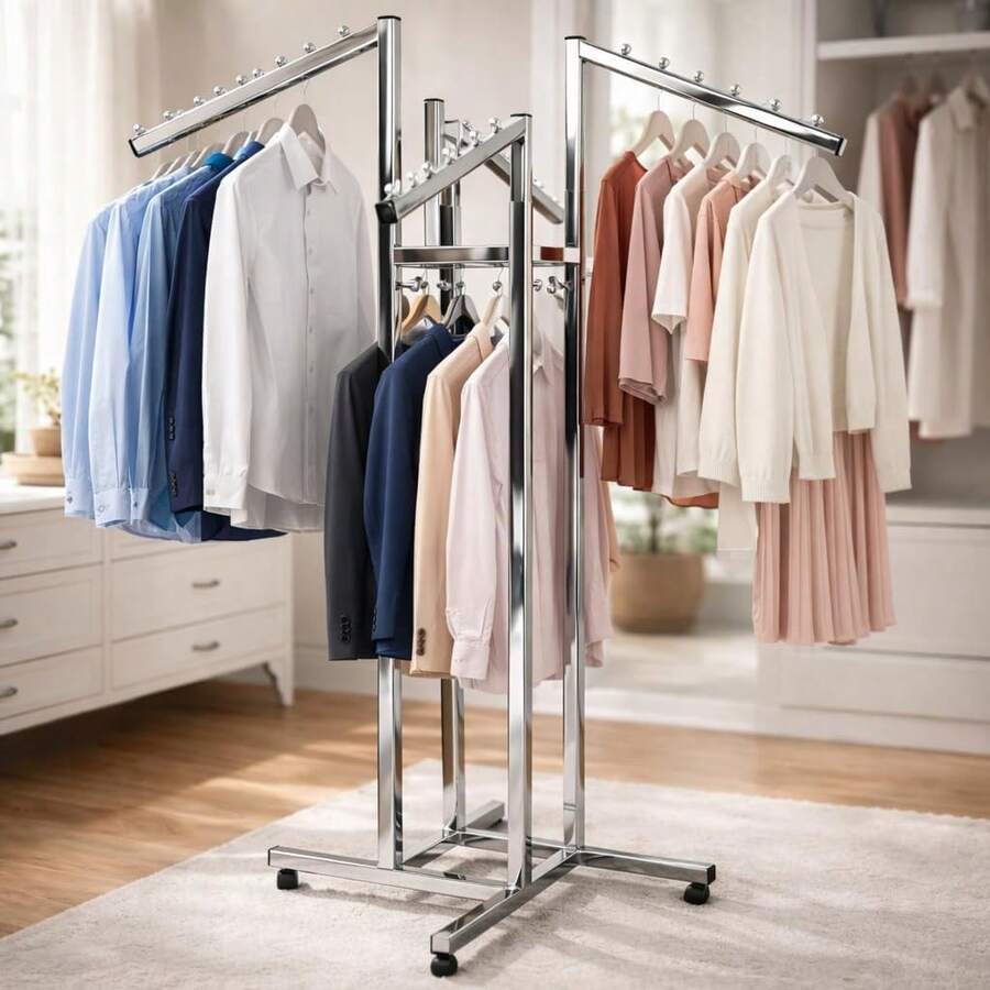 Rack Cromado de 4 Brazos Inclinados para Exhibir Ropa - Estructura Metálica Ajustable y Resistente - 1 - Ver 1