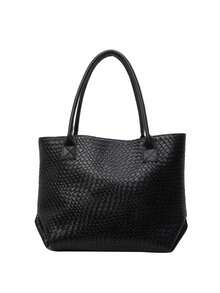 Women's Large Capacity Solid Color Woven Texture Tote Bag, Unique Design Shoulder Handbag, Versatile For Commuting, Shopping And Daily Outings - Black - View 6