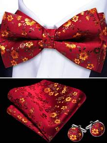 5Pcs Men Formal Bow Tie Set Red Tiny Floral Jacquard Pattern Pocket Square Cufflinks Ring Boutonniere Cufflinks Pattern Random - Red - View 4