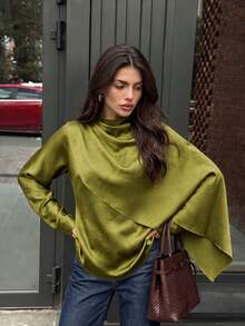 Women's Premium Draped Neck Shawl Satin Blouse, Fluid Fit, Hotel Afternoon Tea Outfit, Commuter Top - Green - View 1