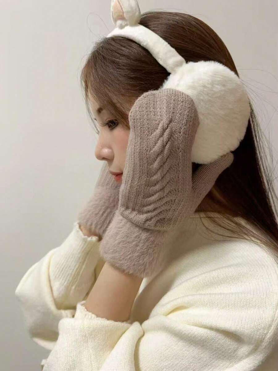 1 Pair Women's Fashion Knitted Solid Color Cable Pattern Thermal Lined Thick Warm Fuzzy Gloves Cute Sweet Unisex Student Writing Cycling Fingerless Mittens Suitable For Daily Wear - A - View 1