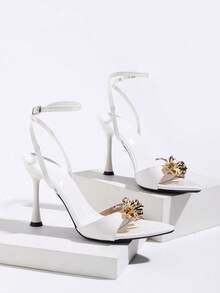 Women's Pointed Toe Elegant Metal Flower Decor High Heel Sandals, With Buckle, No Back Strap, Suitable For Daily Wear, Party, Banquet, Wedding, Versatile White Shoes - White - View 6