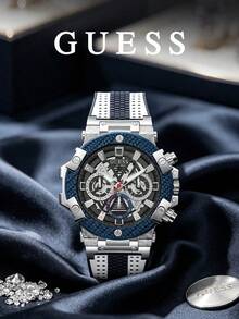 GUESS Men's Large Dial Hollow Multi-Function Chronograph Watch, Dual-Tone Breathable Strap, Street Outdoor Fashion Watch GW0486G1 - Blue - View 3
