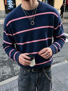 Men's Colorblock Striped Crew Neck Knit Sweater, Casual Retro Long Sleeve Pullover - Navy Blue - View 3