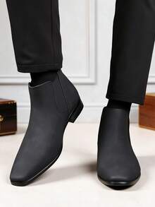 QRLQRL Men's Autumn/Winter Elastic Sleeve Short Boots Matte Pointed Toe Chelsea Style Minimalist Shoes For Office, Party, Commute - Black - View 6