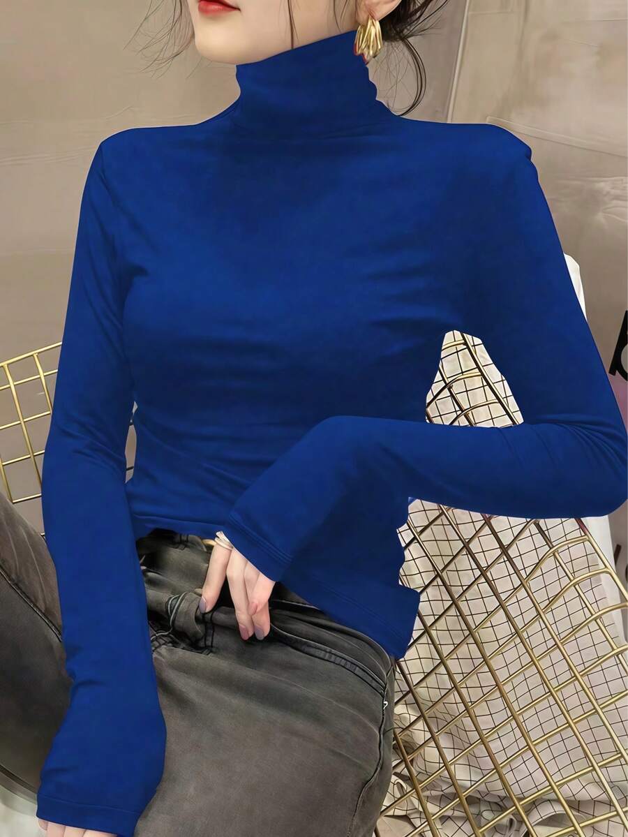 Atasan Dalaman Wanita Kerah Tinggi Model Turtleneck, Gaya Baru 2024, Atasan Tipis Hitam Lengan Panjang, Musim Semi, Gugur, dan Dingin