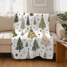 1pc Watercolor Christmas Tree Throw Blanket, Red Bowknot Christmas Ball Snowflake Red Berry Print Pattern Flannel Single-Sided Printed Blanket, Perfect For Holidays, Birthdays, Sofa And Home Decor - Multicolor - View 6