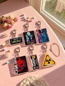 1Pc/6Pcs Cyberpunk Sci-Fi Themed Acrylic Keychains, Including Night City License Plate, Lucy, Samurai Logo, Militech Asset Tag And Radiation Symbol Designs, Fashionable Bag Charms, Suitable For Back To School, Gift For Anime Fans - Multicolor - View 1