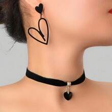 3pcs Black Heart Necklace & Earrings Set, Heart Pendant Choker, Hollow Heart Drop Earrings Women Accessories - Black - View 6