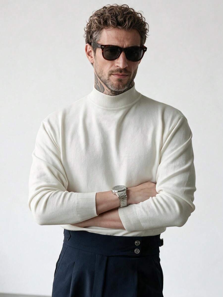 New Arrival Men's Casual Solid Color Pullover Sweater, Half-Turtleneck, Knitted, Warm, Spring & Autumn - White - View 1