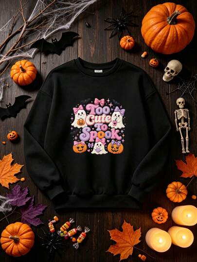 Unisex Black Halloween Crew Neck Sweatshirt With Pink And Purple Bow Ghost Print, Perfect For Boys And Girls To Wear At Halloween Parties