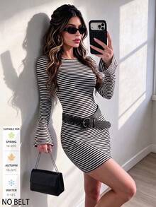 SUNSTORY Women's Autumn Black & White Striped Round Neck Flared Long Sleeve Fitted Bodycon Mini Skirt, Suitable For Commuting, Outings, Dating, Parties, Halloween Occasions - Black and White - View 8
