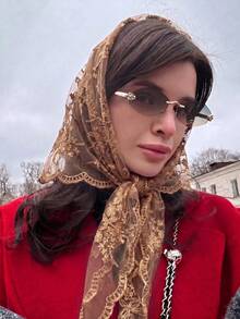 1pc Women's Solid Color Lace Floral Headscarf, Luxury Bohemian Hijab/Shawl, For Daily Wear, Weddings, Churches, Formal Events - Dark Brown - View 3