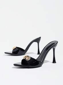 Women's Black Shell Metal Decor Single Strap High Heel Mule Slippers Pointed Toe Open Toe Stiletto Sandals For Daily Wear Party Evening Event - Black - View 6