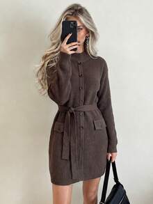 Women's Vintage Brown Knitted Sweater Dress, Long Sleeve, Button Front, Belt Design, Short Length, Winter Fashion Item - Coffee Brown - View 1