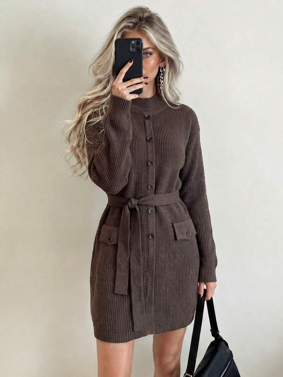 Women's Vintage Brown Knitted Sweater Dress, Long Sleeve, Button Front, Belt Design, Short Length, Winter Fashion Item - Coffee Brown - View 1