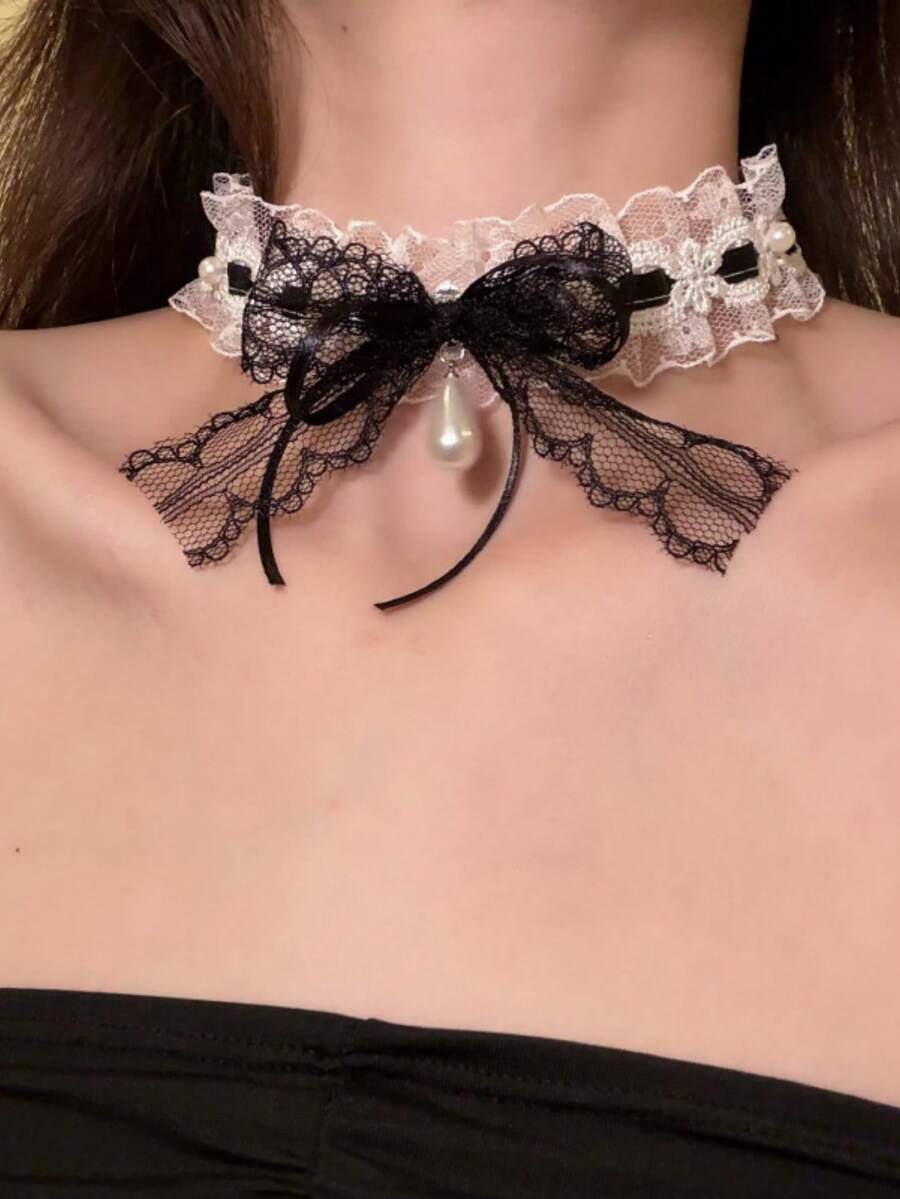 1pc White Lace Bow Choker Necklace For Women Neck Accessory High-End Minimalist Style - White B - View 1