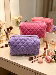 1pc Candy Color Soft Velvet Towel Fabric Makeup Bag, Cute Small Items Toiletry Pouch, Student Portable Storage Bag With Zipper Closure, Suitable For Travel And Daily Use, Cosmetic Travel Bag, Fashionable Organizer Bag - Multicolor - View 3