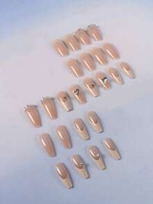 24pcs Short Coffin Shape Press-On Nails, White Gradient Floral Rhinestone Heart Design, Japanese Style Full Coverage, Suitable For Party, Prom And Daily Wear - Multicolor - View 3