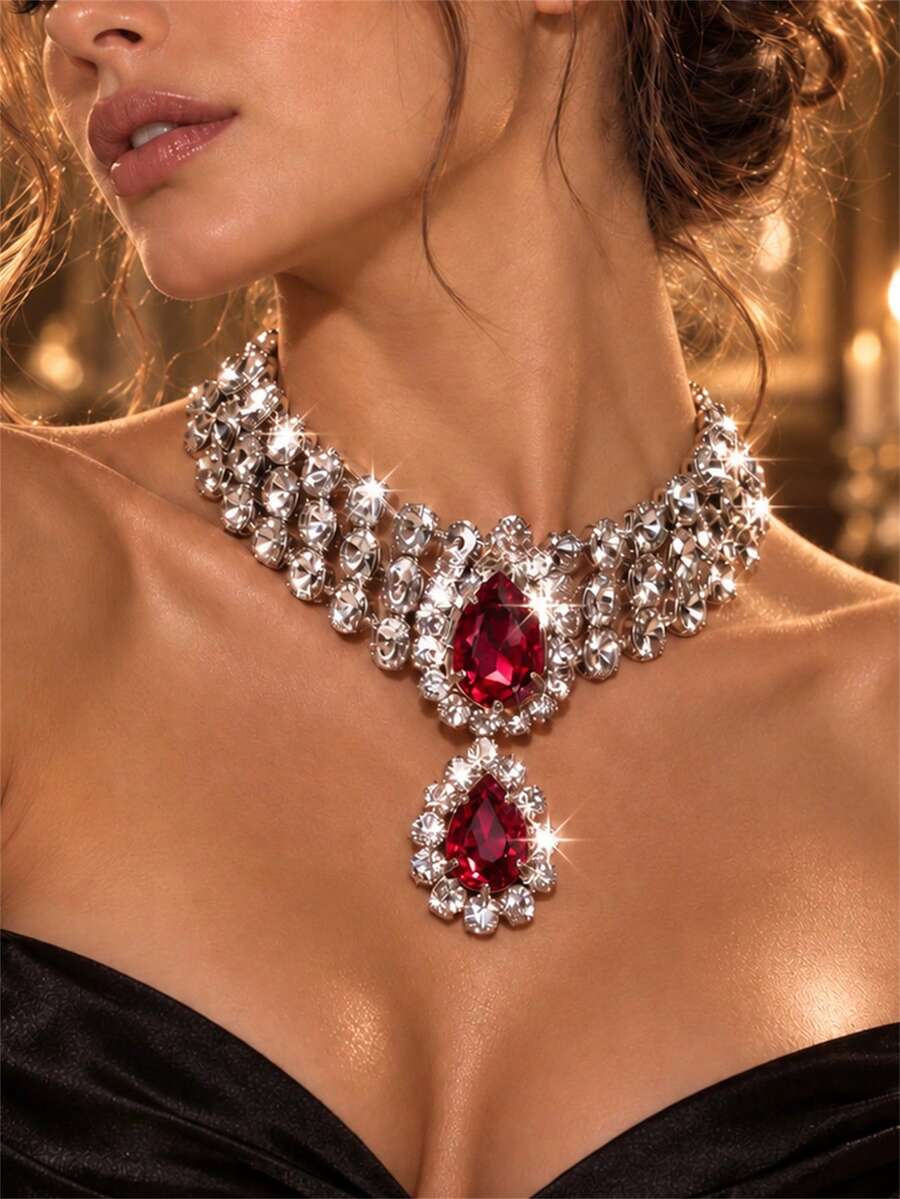 1pc Sexy White Water Drop Pendant Necklace, Bling Crystal Rhinestone Fashion Jewelry For Party And Formal Occasions - Red - View 1