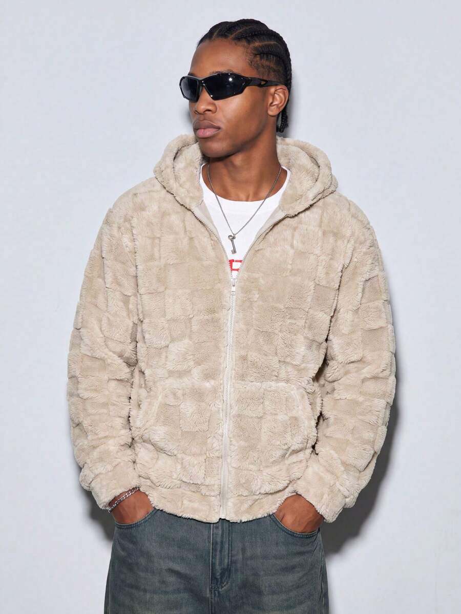 Modcrash DIYIE Men's Autumn/Winter Long Sleeve Warm Jacket With Textured Fabric, Fleece Lining, Simple Casual Hooded Jacket - Apricot - View 1
