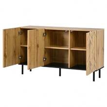 Modern Sideboard 120x35x70cm, Cabinet With 3, Lockers, Wave Pattern Look, Made Of Durable Chipboard With Metal, Load Capacity Up To 50 Kg, Living Room, Dining Room, Hallway, Natural Wood Color - Natural Wood + Particle Board - View 10