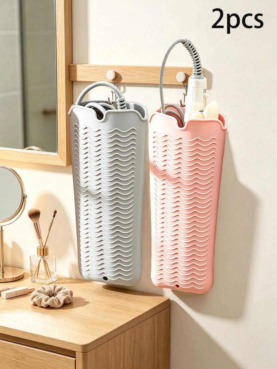 Two Standard-Sized Hanging Silicone Storage Bags, Featuring A Minimalist Solid Color Rectangular Shape With A Wavy Embossed Surface And Hook Details. Ideal For Storing Hair Styling Tools, Suitable For Dressing Tables, Bathrooms, And Everyday Home Use. - View 1