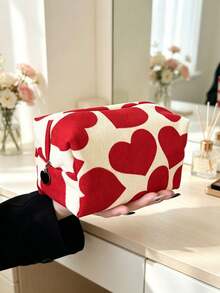 1PC/4PCSRed Heart Print Cosmetic Bag, Zipper Makeup Pouch Set, Cute Heart Pattern Storage Purse, Portable Travel Toiletry Bag For Lipstick, Skincare, Small Essentials, Multi-Size Canvas Organizer, Lovely Daily Storage Pouch For Women - Multicolor - View 11