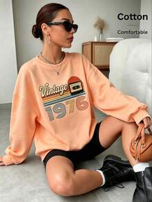Women's Vintage 1976 Cassette Print Long Sleeve Pullover Sweatshirt, Casual Drop Shoulder Round Neck Top,  Fall Outfit - Hami Melon Orange - View 2