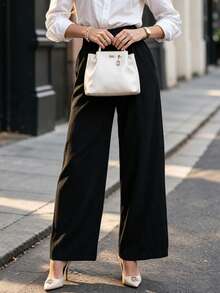 Fall Women Textured Wide Leg Pants, Smocked High Waist Drawstring Loose Trousers With Side - Black - View 8