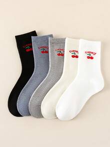 5/1 Pair Unisex Cherry Print Ribbed Crew Socks, Cute Letter Graphic, Soft Stretchy Casual Daily Socks - Multicolor - View 12