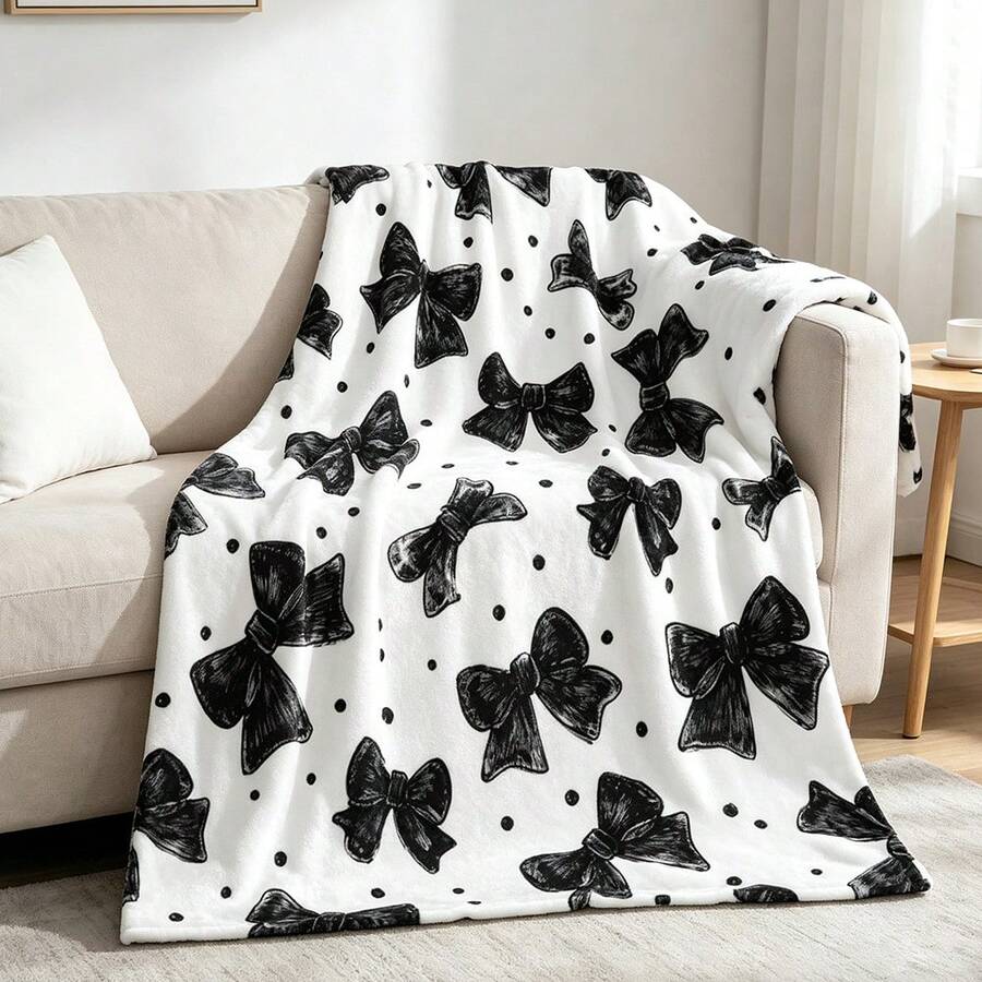 1pc Black & White Hand-Drawn Bow & Polka Dot Digital Print Flannel ...