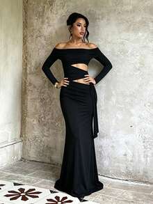 Autumn Black Off-Shoulder Hollow Out Ribbon Long Sleeve Dress Women Elegant Dress - Black - View 2