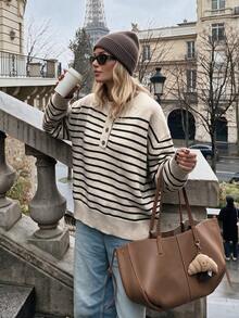 NOVELLE Women's Elegant Casual Striped Long Sleeve Knit Sweater, Loose Layering Style Button-Up Cardigan Pullover, Suitable For Dates, Gatherings, - Khaki - View 3