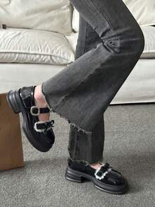 1 Pair Girls Black Lace Thick Sole Mary Jane Shoes, Fashionable School Style Comfortable Versatile Shoes - Black - View 8