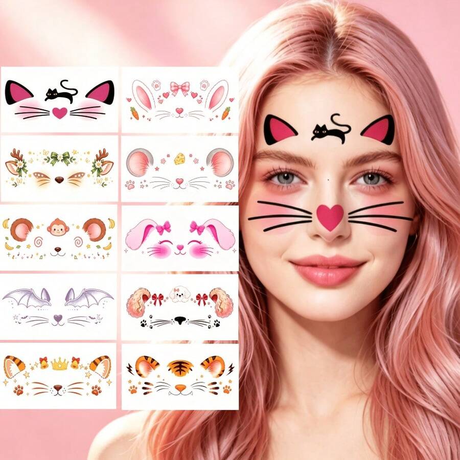 10pcs Pet Animal Face Temporary Tattoo Stickers, Cat Dog Mouse Tiger Rabbit Multi-Pattern Face Sticker Design, Suitable For Halloween & Christmas Face Painting, Party Supplies Gift, Birthday Game Facial Tattoos, Gift Bag Fillers - Multicolor - View 1